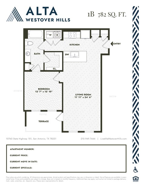 A floor plan for a 1 Bedroom, 782 Square Feet apartment in Alta Westover Hills.